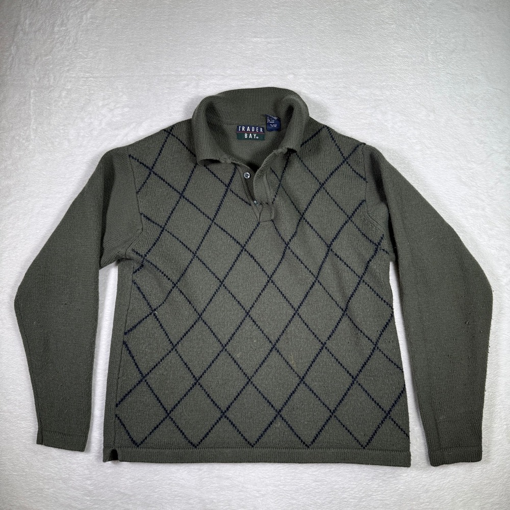 Trader Bay Men's Argyle Sweater Size M Merino‎ Wool Acrylic Green Long Sleeve
